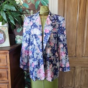 San Moire Vintage Floral Blazer – Blue Pink Rose Print – Fully Lined – Size M